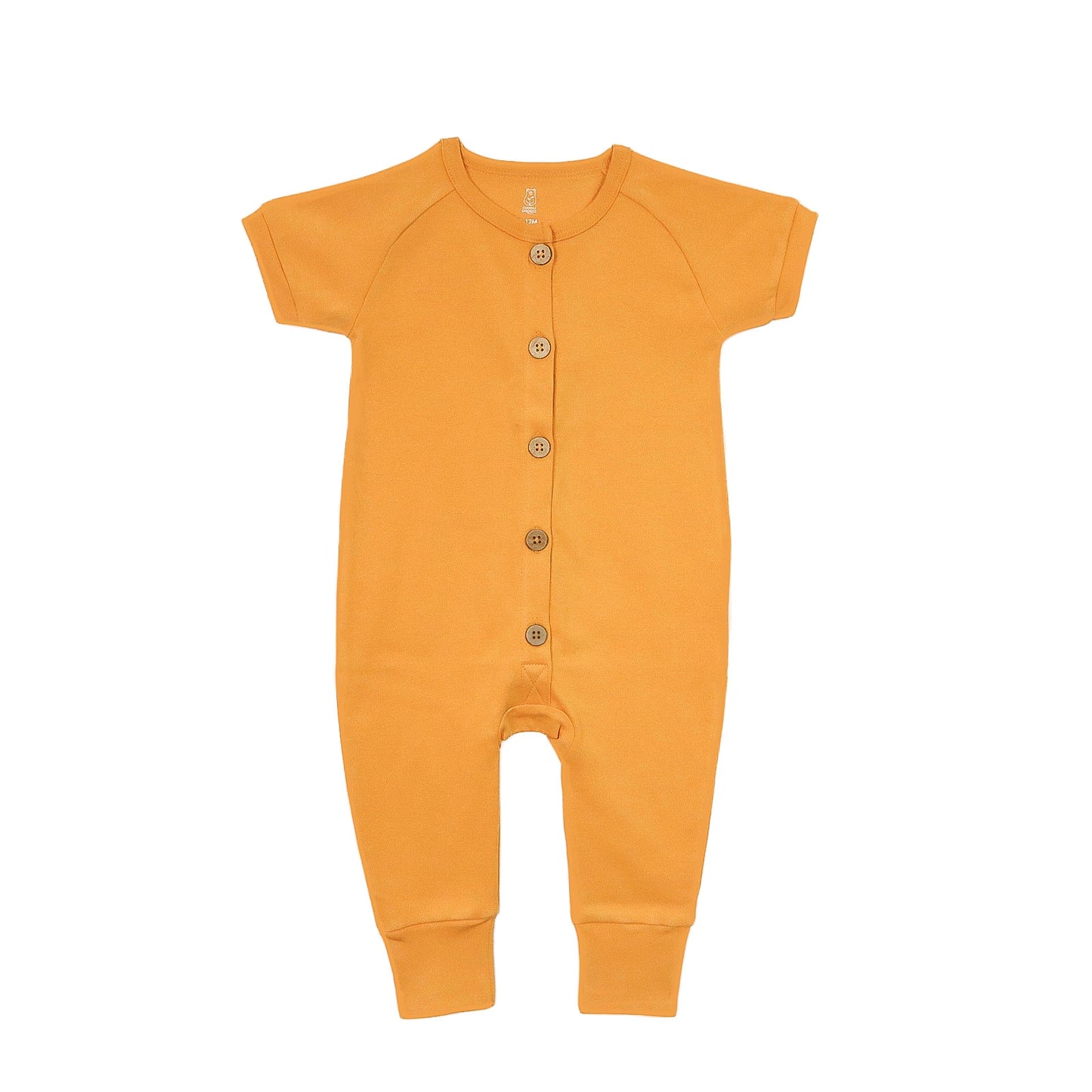 A yellow short-sleeve organic romper with wooden button front closure laid flat on a white background.