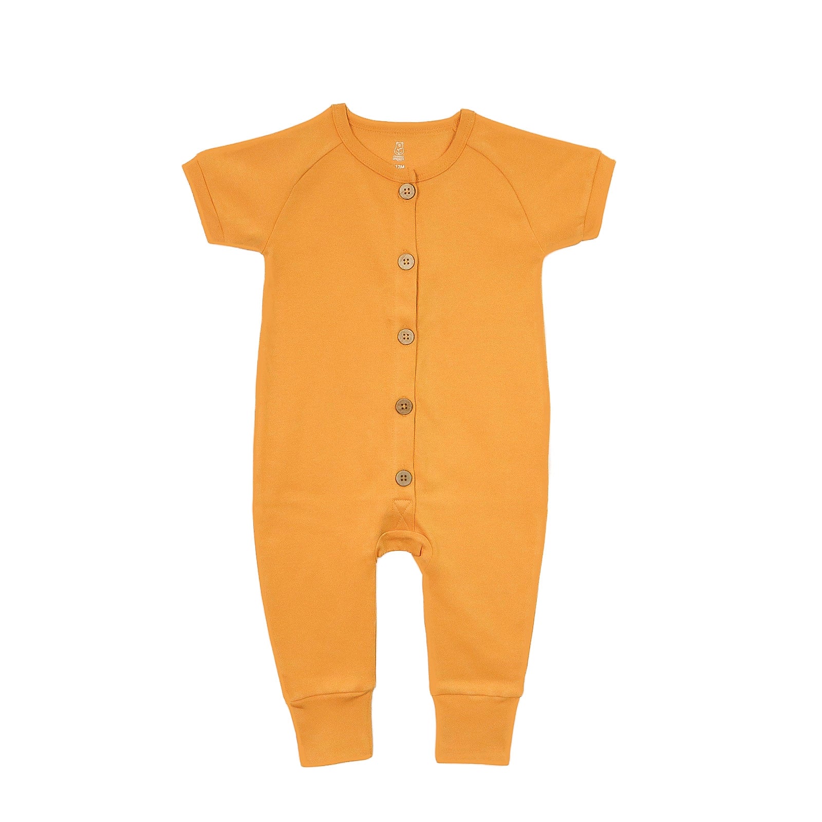 A yellow short-sleeve organic romper with wooden button front closure laid flat on a white background.