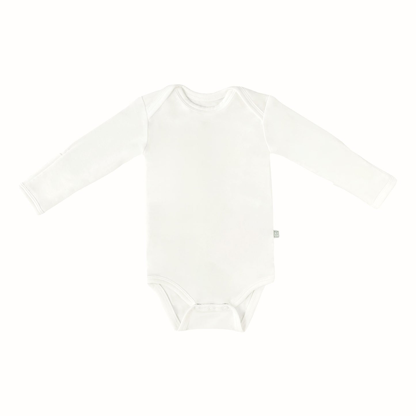 A long sleeve bodysuit for babies, laid flat on a white background.
