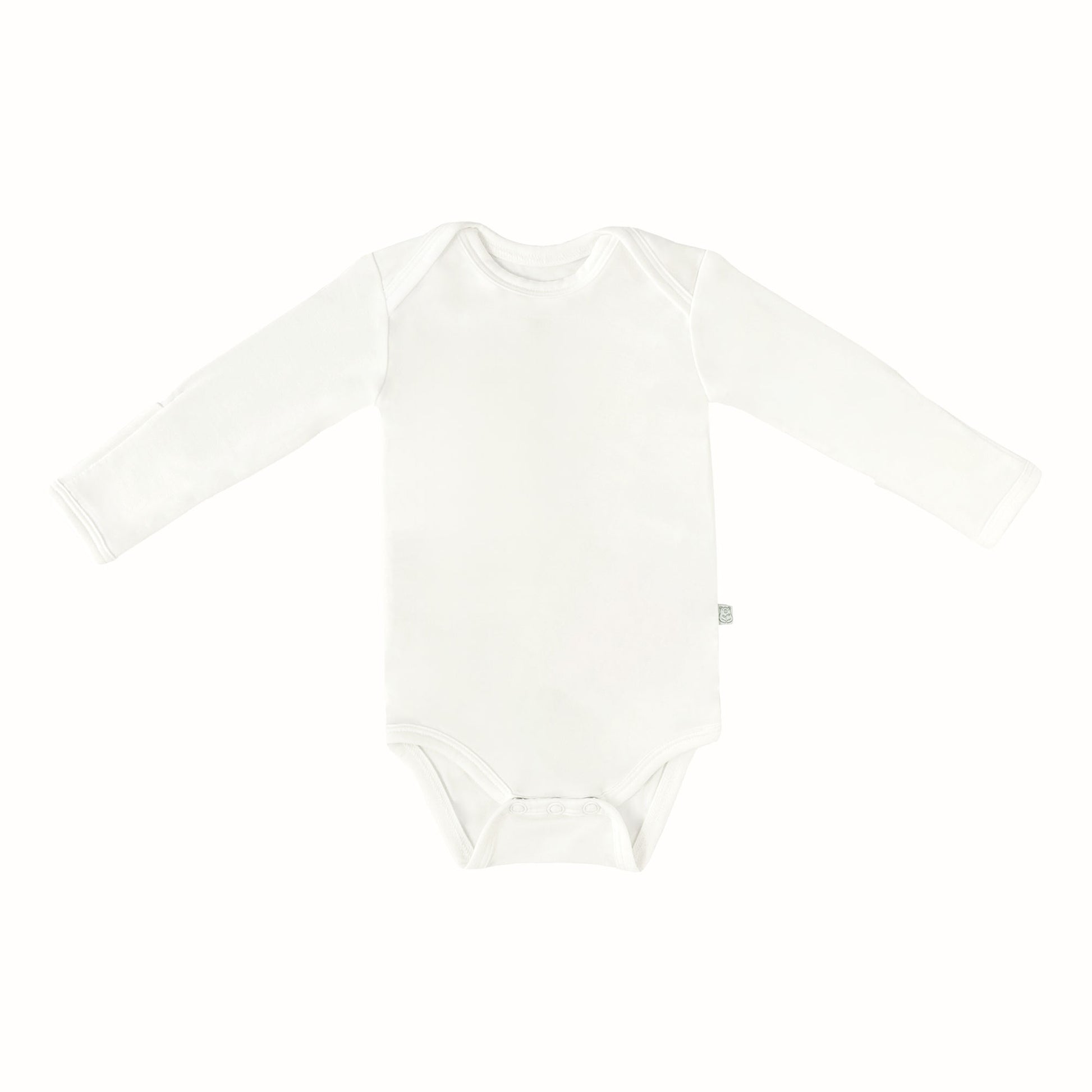 A long sleeve bodysuit for babies, laid flat on a white background.