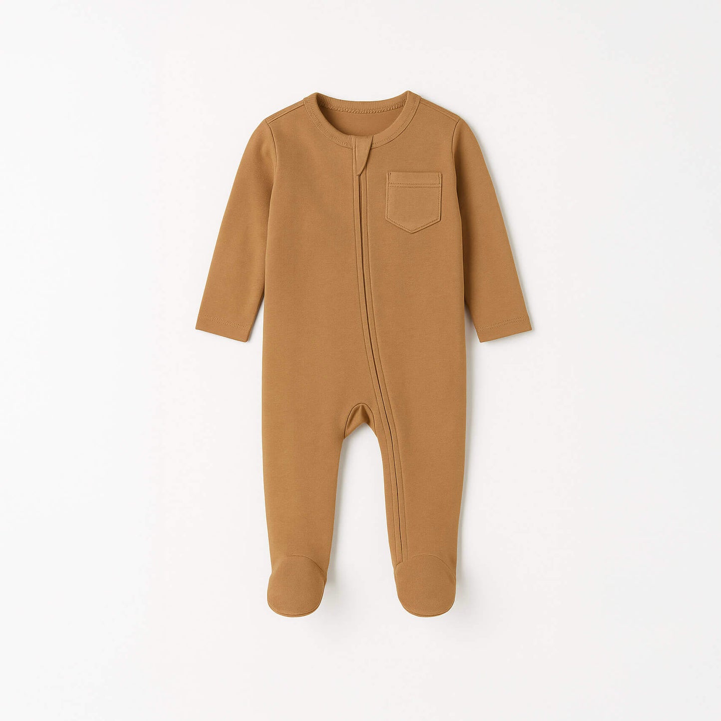 Brown baby onesie with a pocket on a white background
