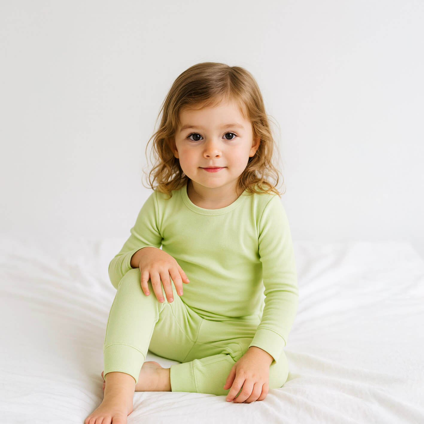 Child wearing a light green pajama set sitting on a white bed.