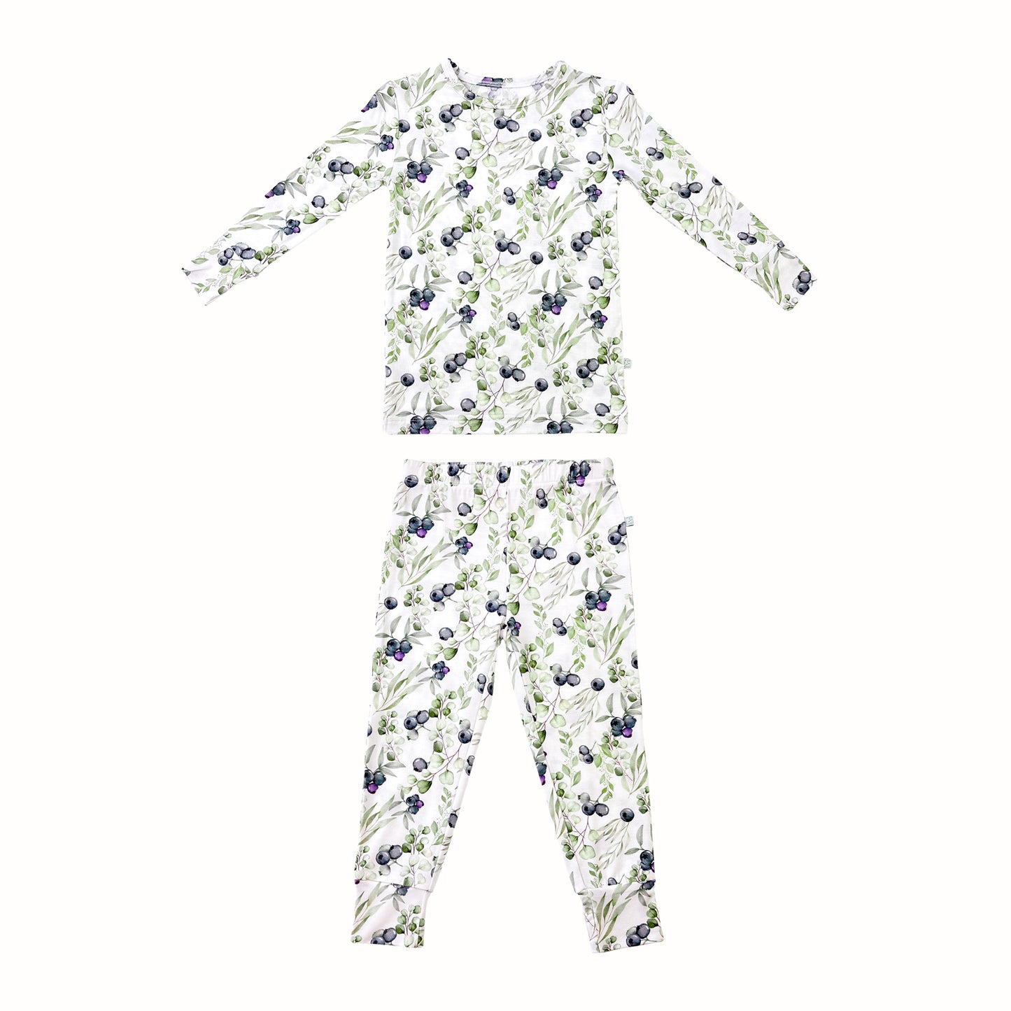 A long-sleeve pajama set for toddlers, featuring a blueberry pattern and green leaves on a white background.