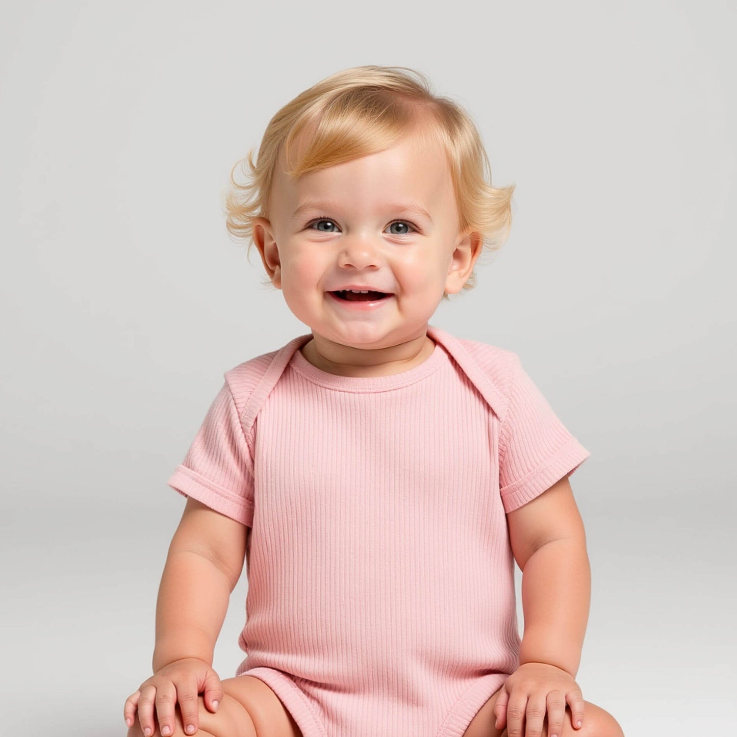 baby wearing coral bodysuit