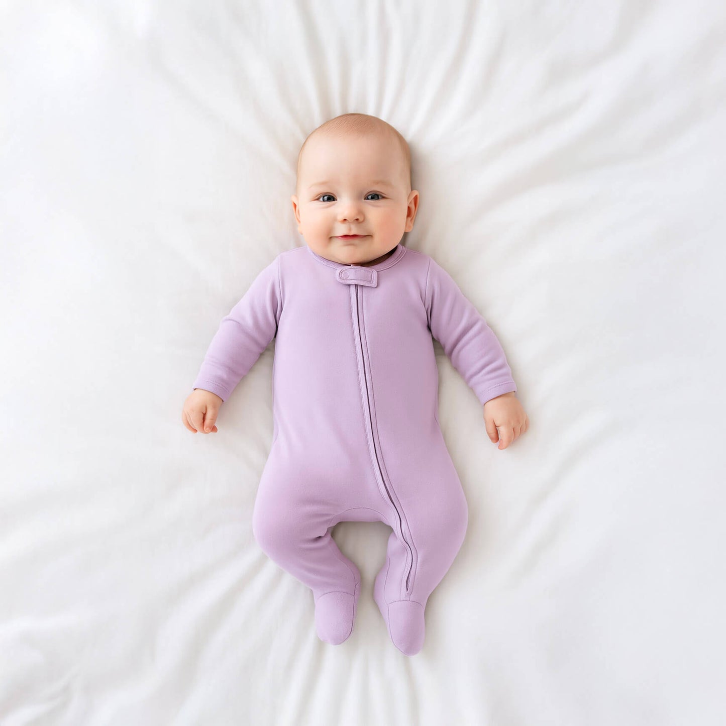 Baby wearing a purple onesie lying on a white surface