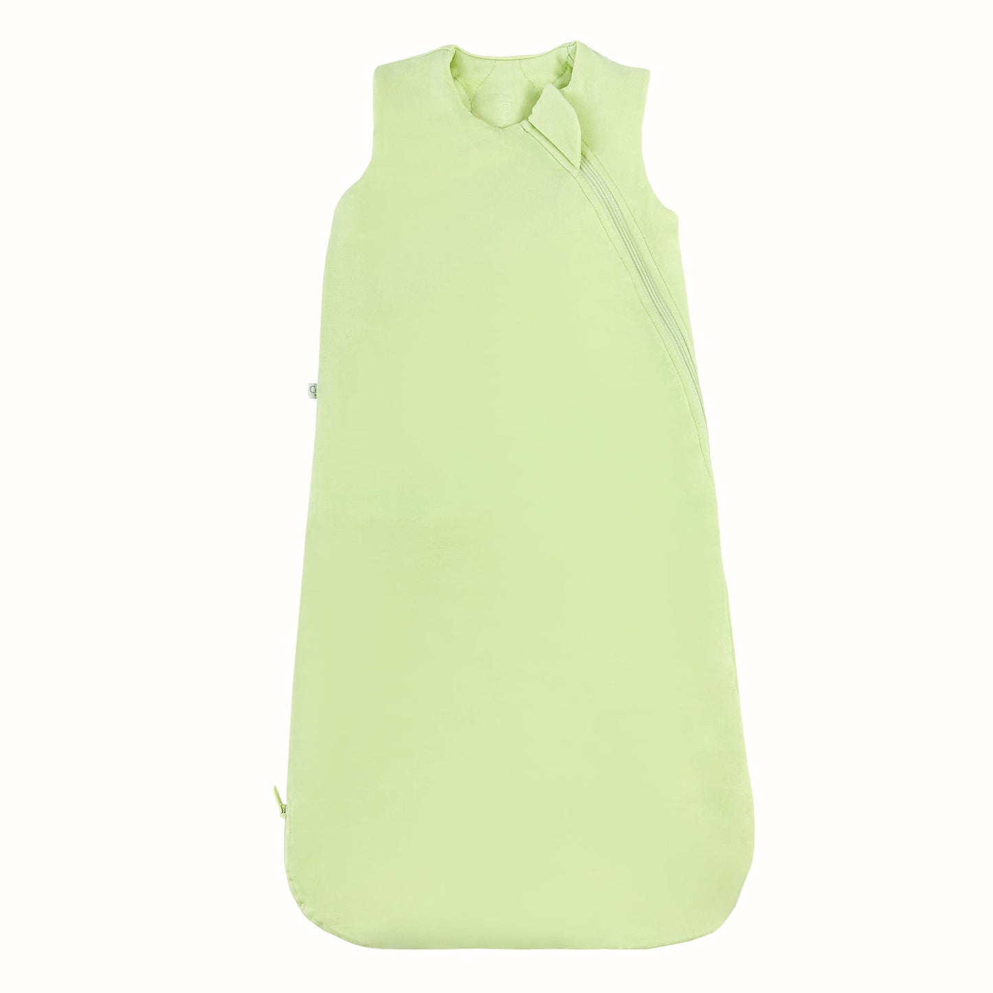 A green sleep sack for babies, with a zipper running vertically down the center.