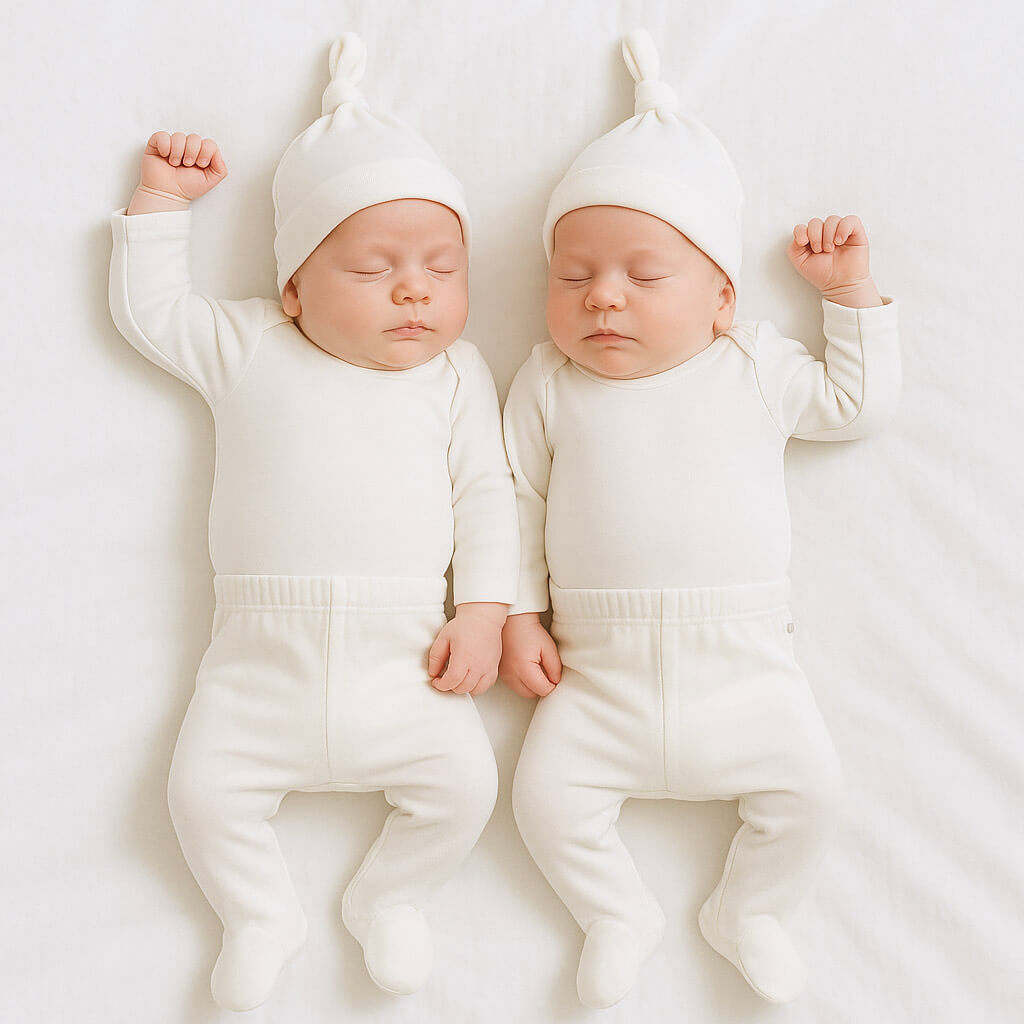 Two babies in white outfits and hats lying on a white surface.