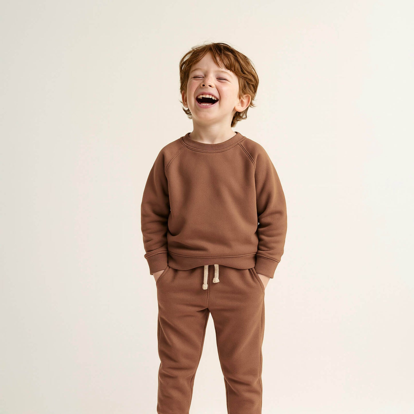 Child wearing a brown sweatshirt and pants on a light beige background