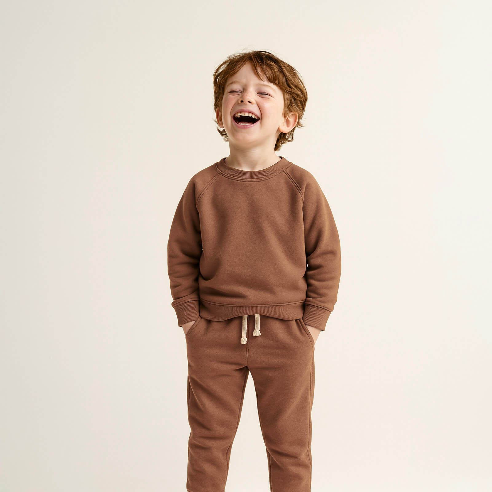 Child wearing a brown sweatshirt and pants on a light beige background