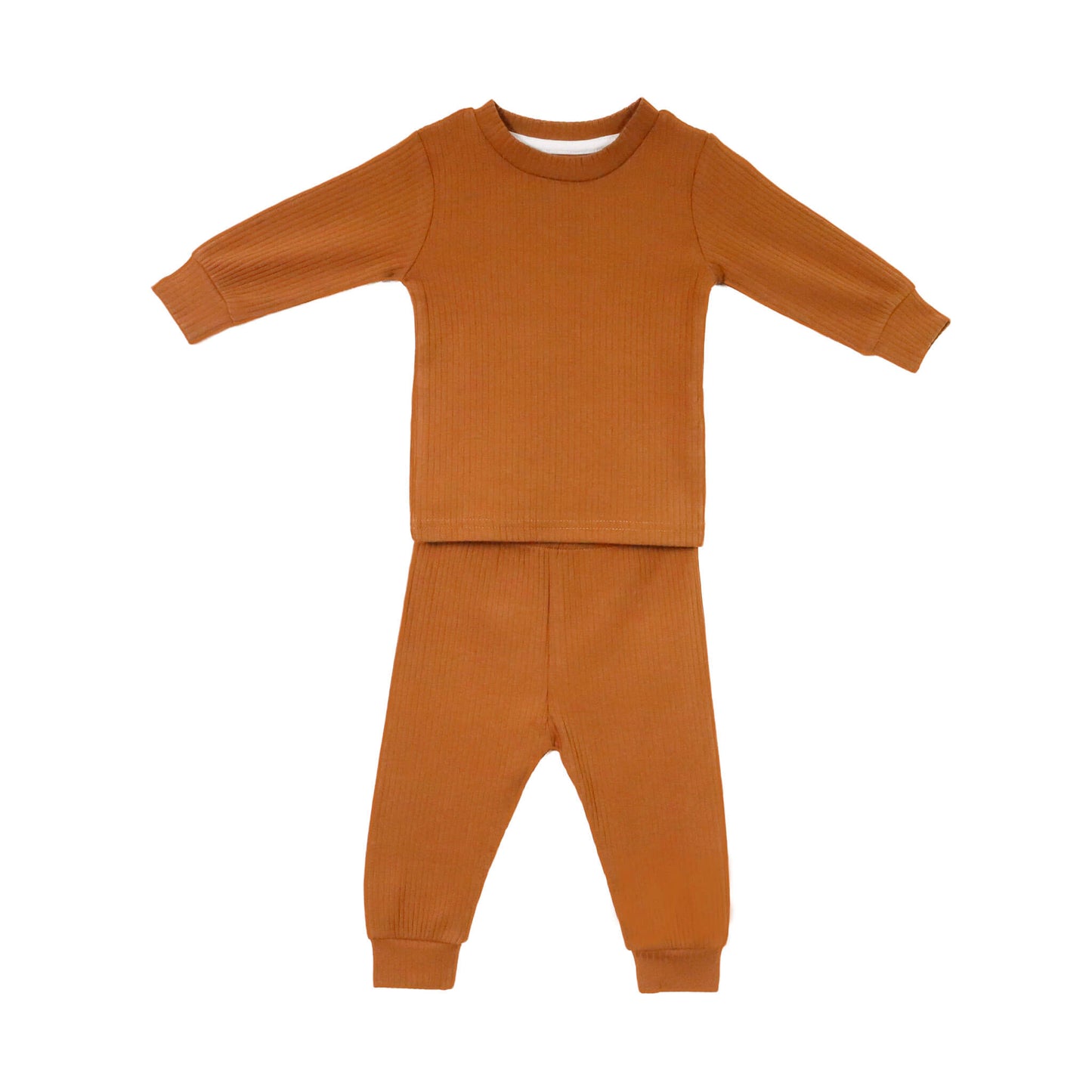 A long-sleeve brown pajama set for toddlers, including a top and matching pants.