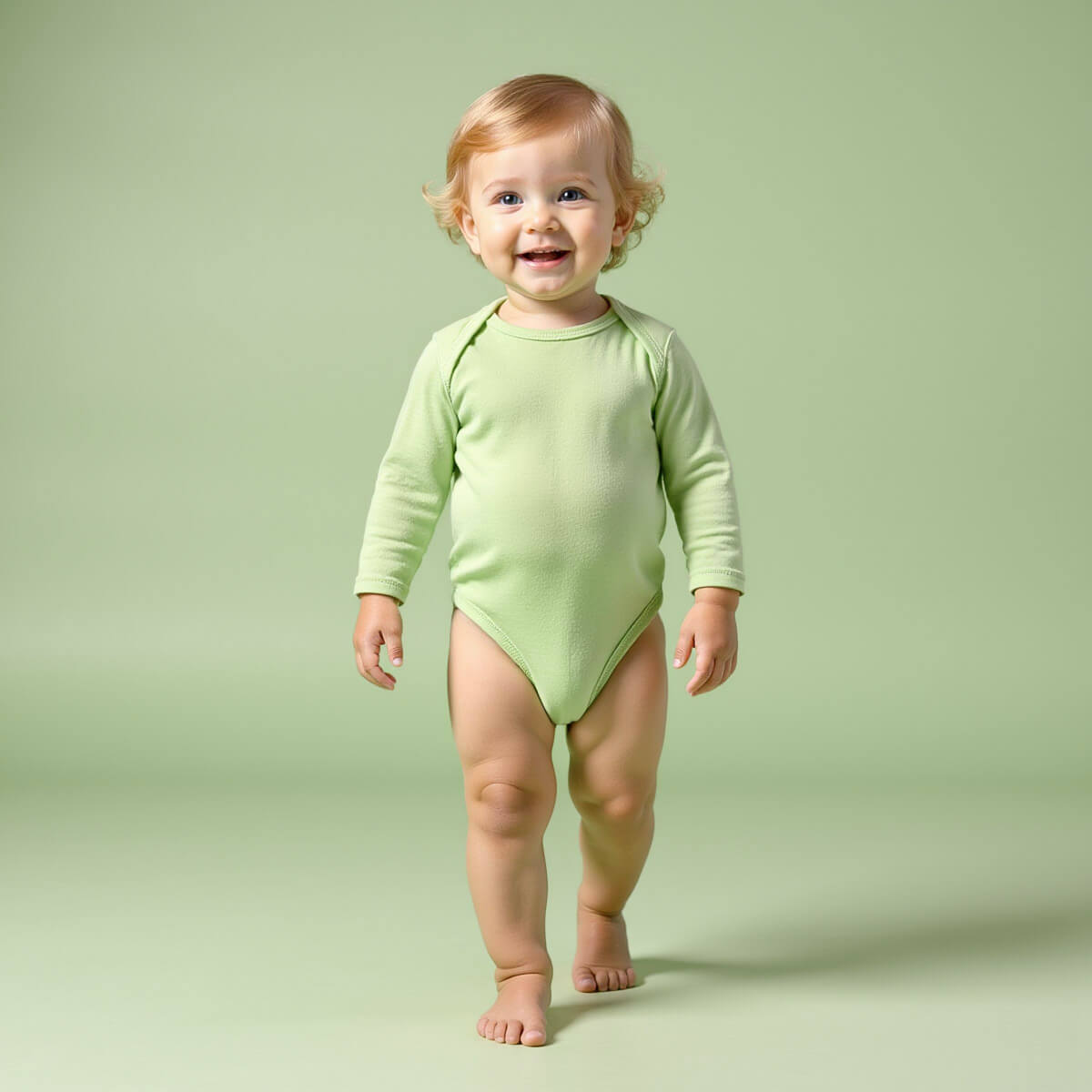 baby wearing a green long sleeve bodysuit