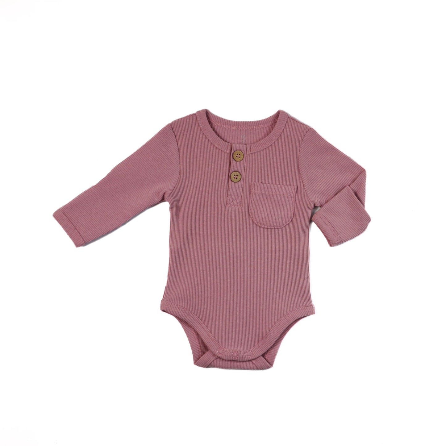 A long-sleeve purple bodysuit for babies with a Henley-style wooden button placket and a chest pocket.