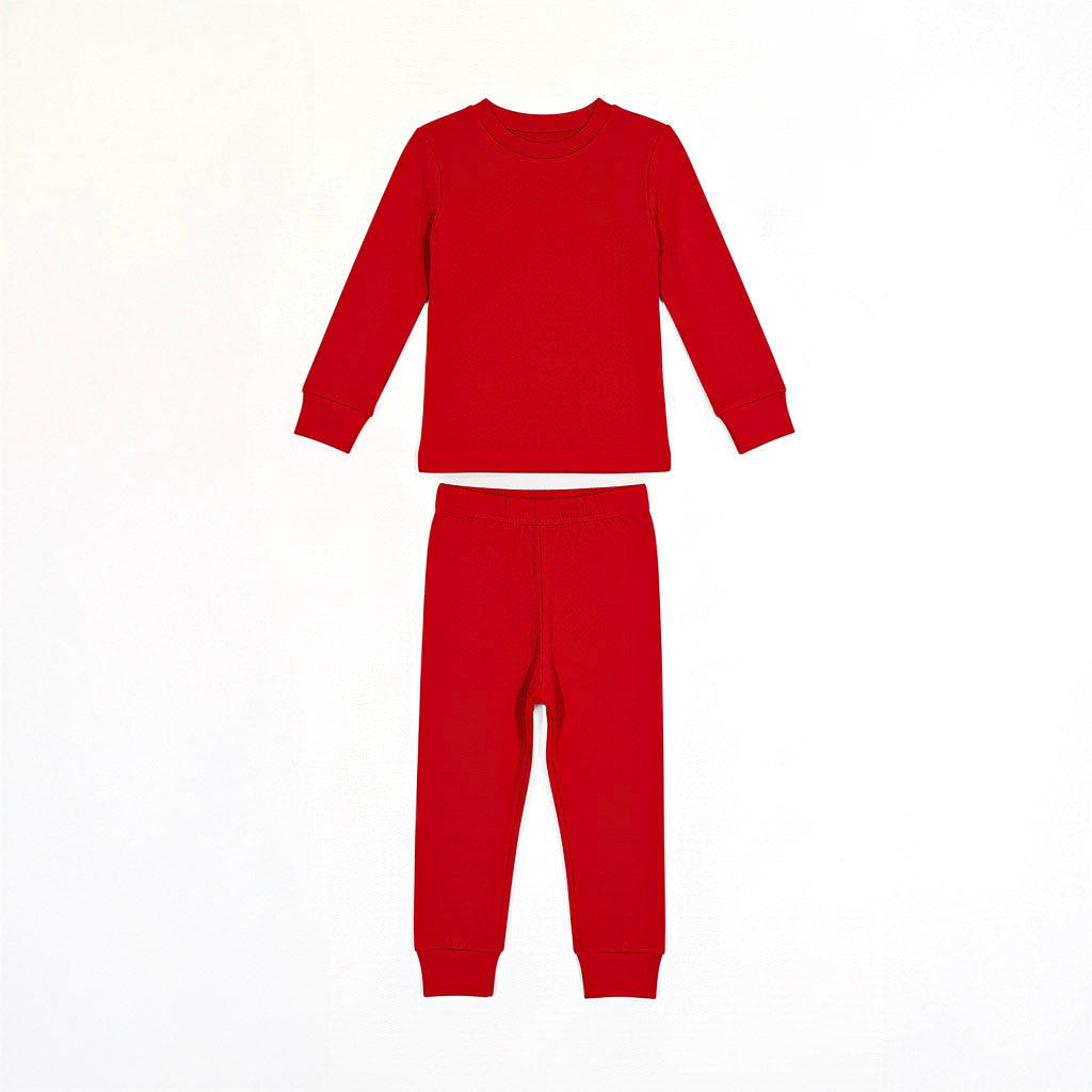 Red pajama set with long-sleeve top and pants on a white background