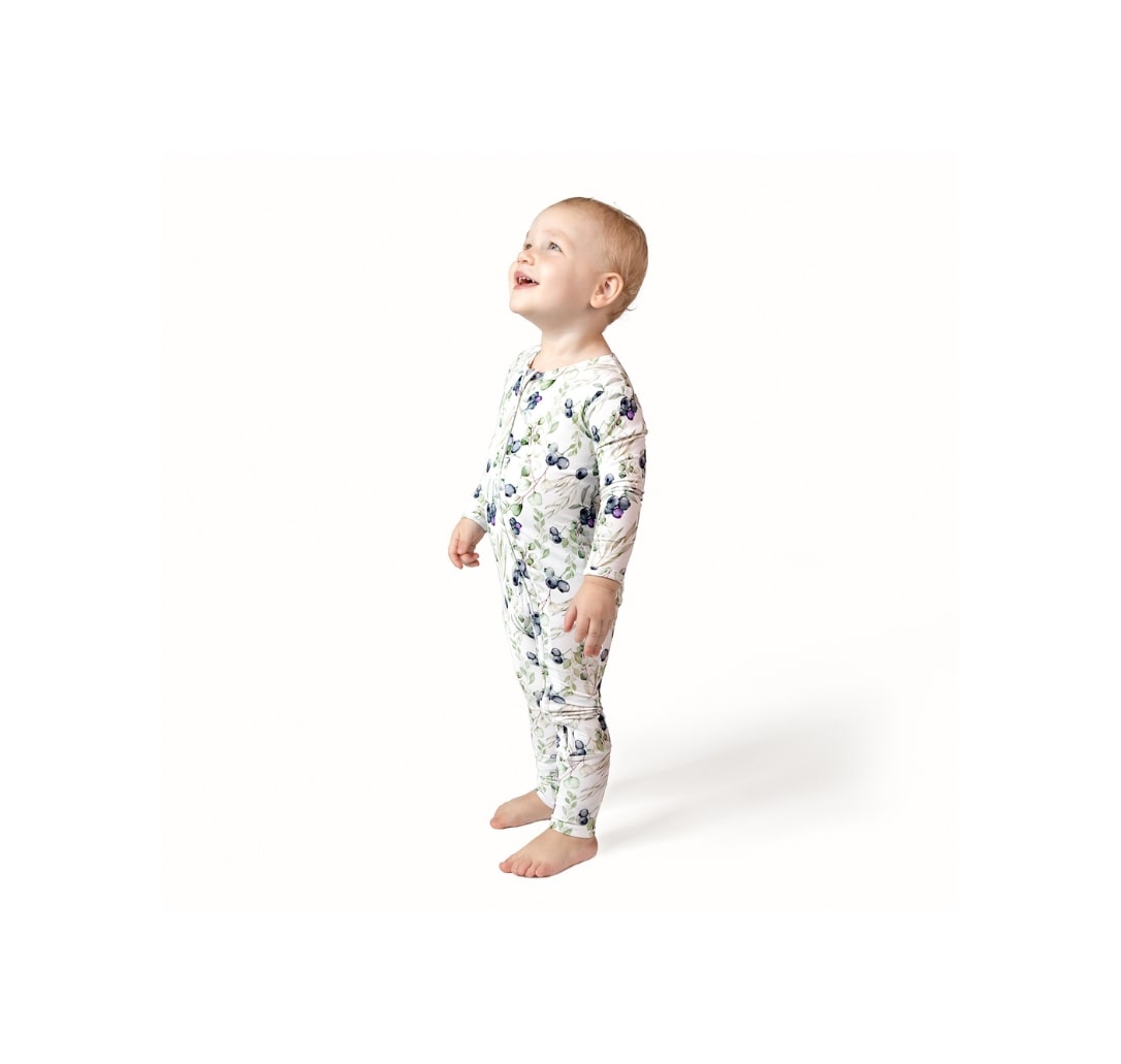 kid wearing toddler 2T clothes in blueberries