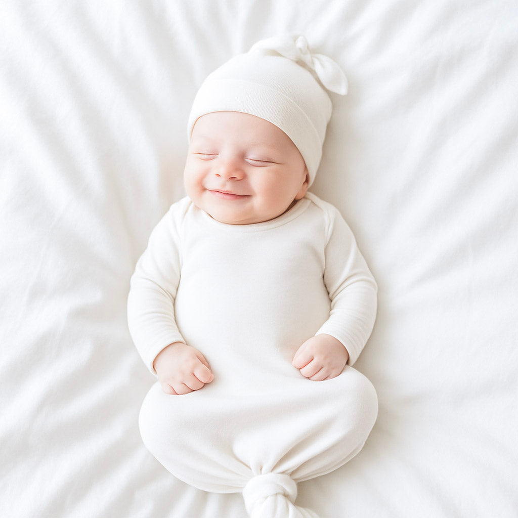 Baby in white outfit and hat lying on a white surface
