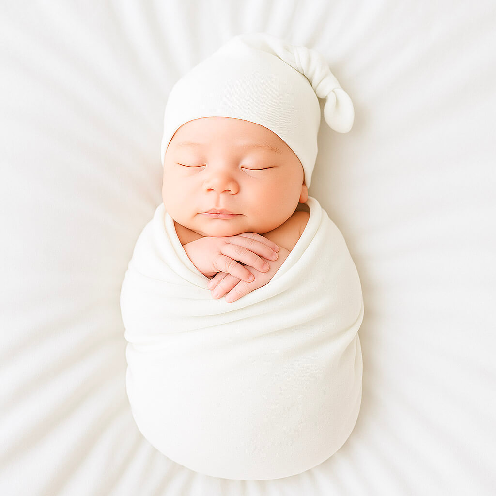 Baby wearing white swaddle set