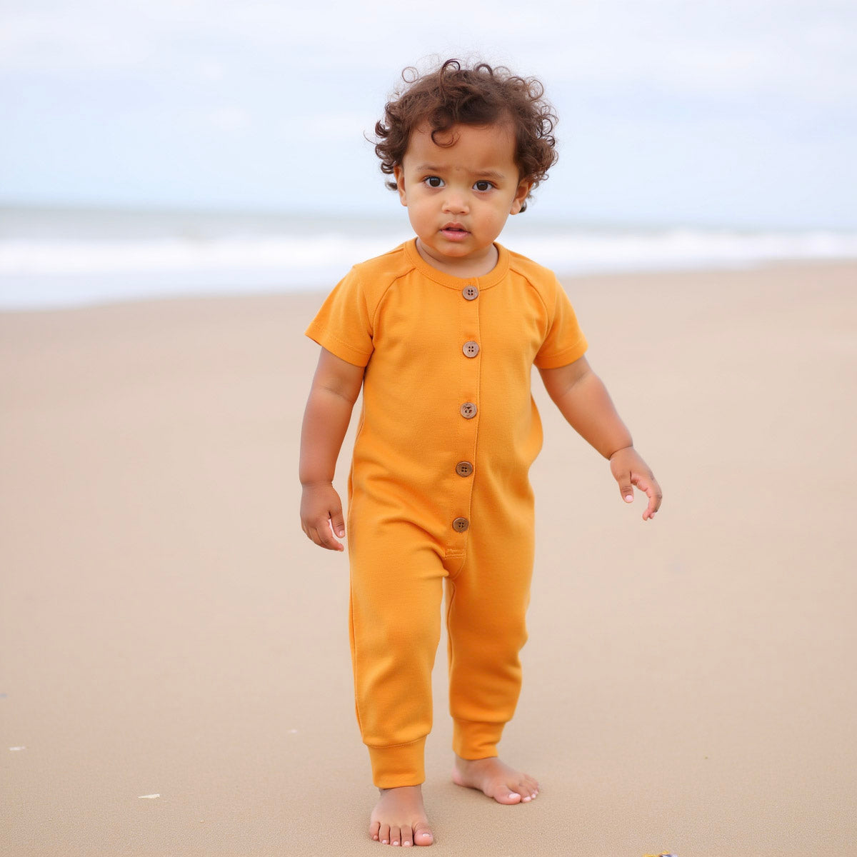 baby wearing yellow romper while walking