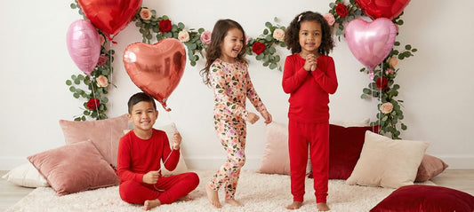 kids wearing red and floral pajamas 
