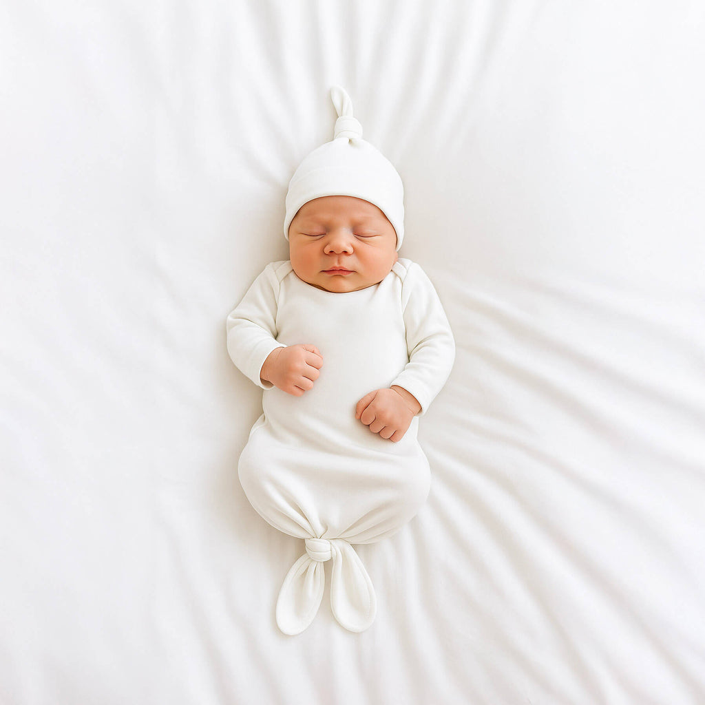 Newborn baby in a white gown and hat lying on a white blanket