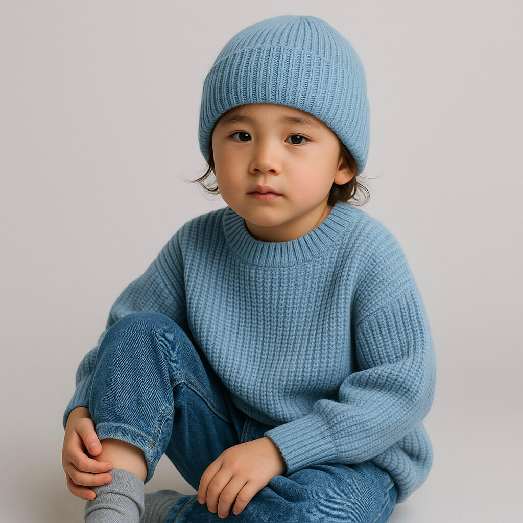 Child wearing a blue knit sweater and beanie sitting against a plain background