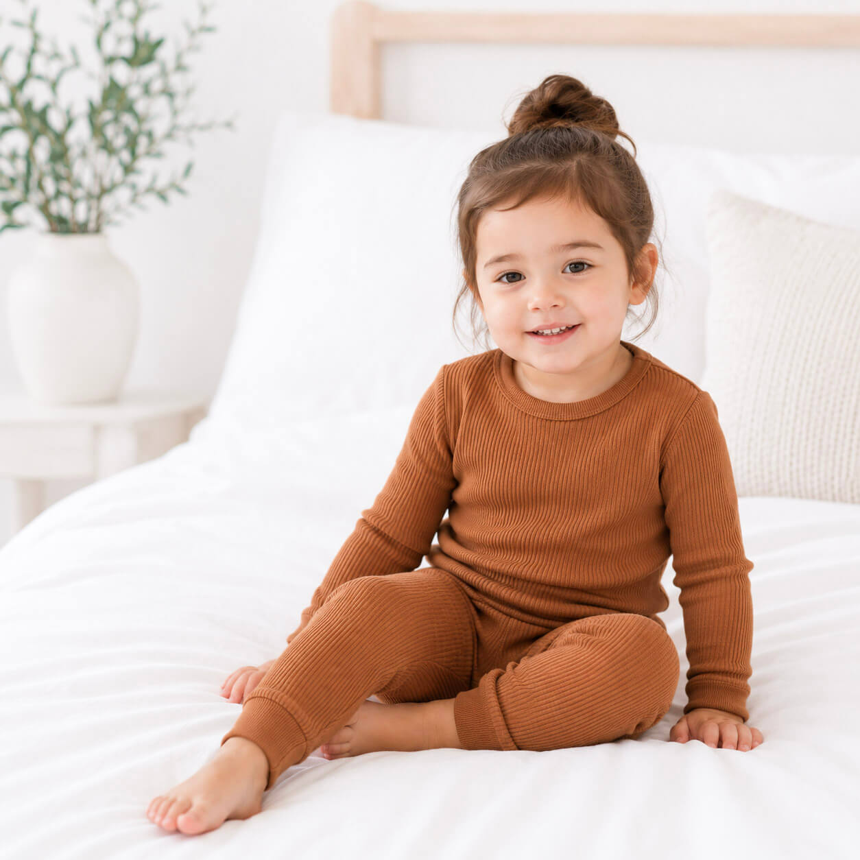 kid wearing brown ribbed pajama set