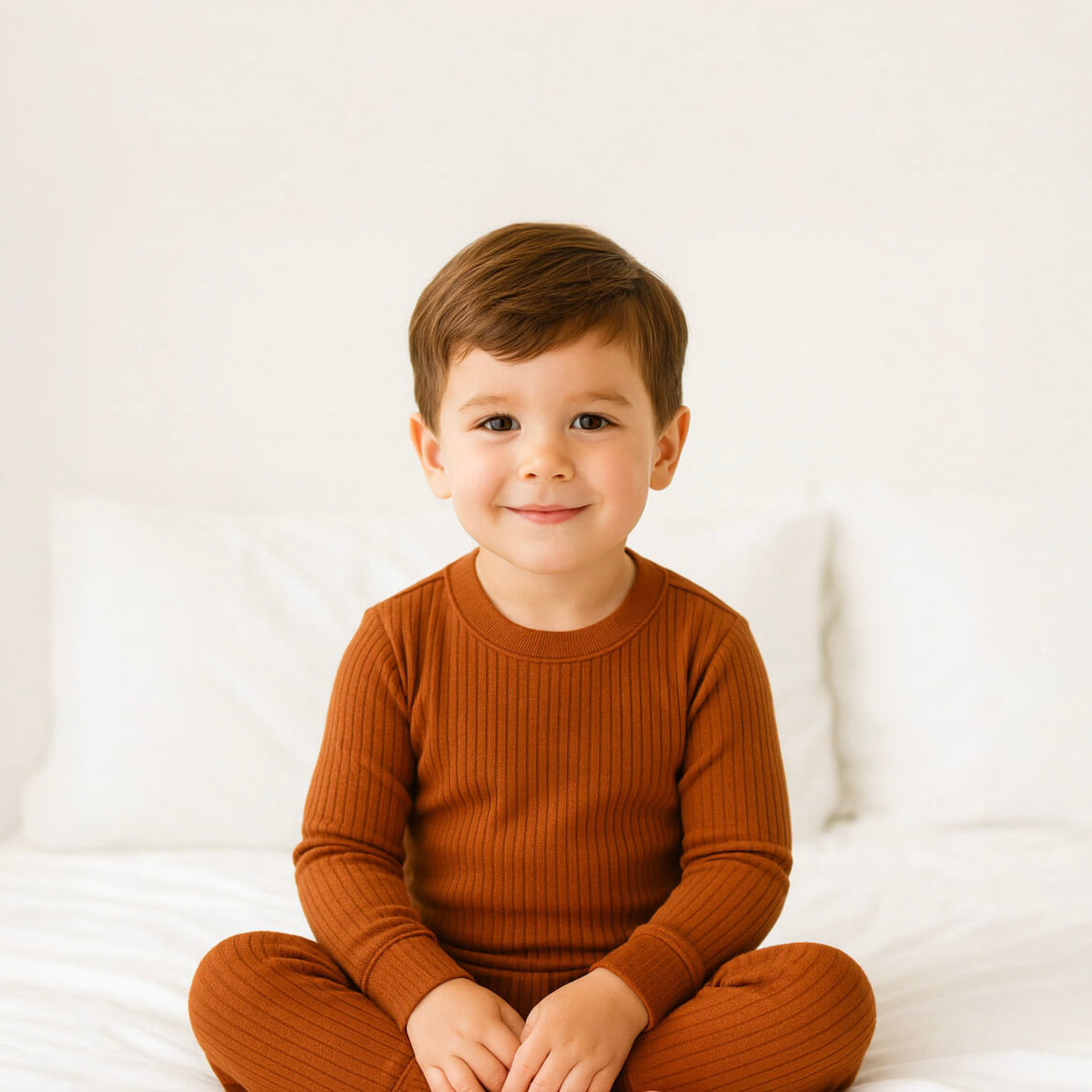 Child wearing a brown ribbed outfit sitting on a white background