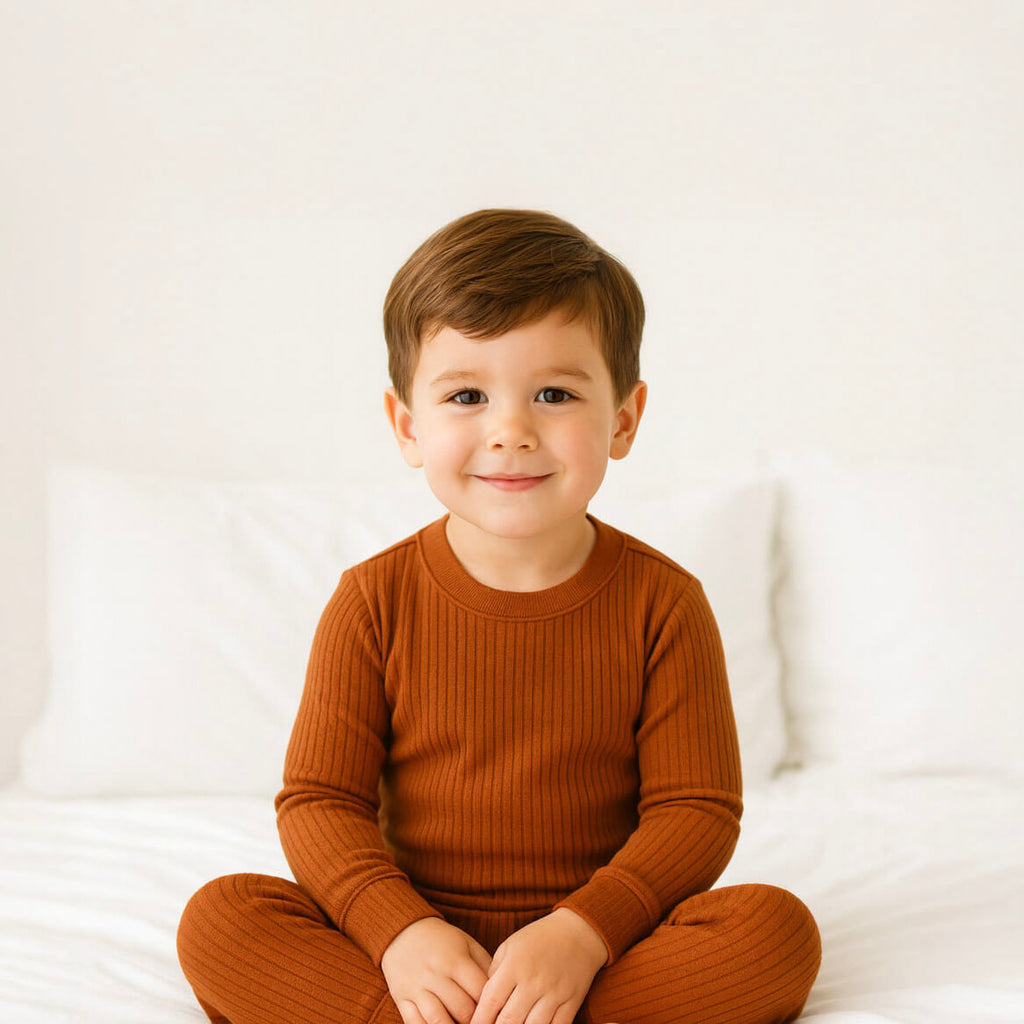 Child wearing a brown ribbed outfit sitting on a white background