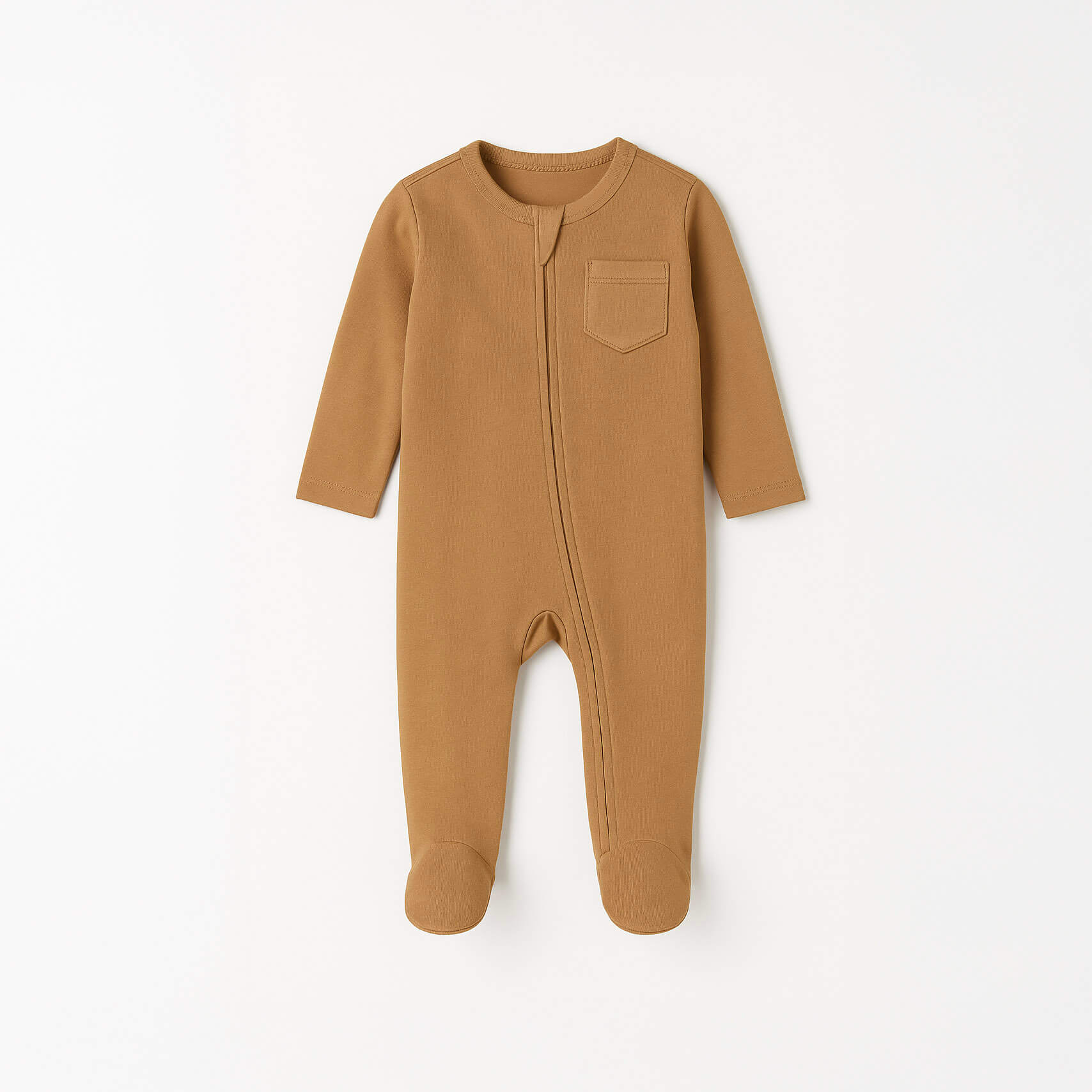 Brown baby onesie with a pocket on a white background