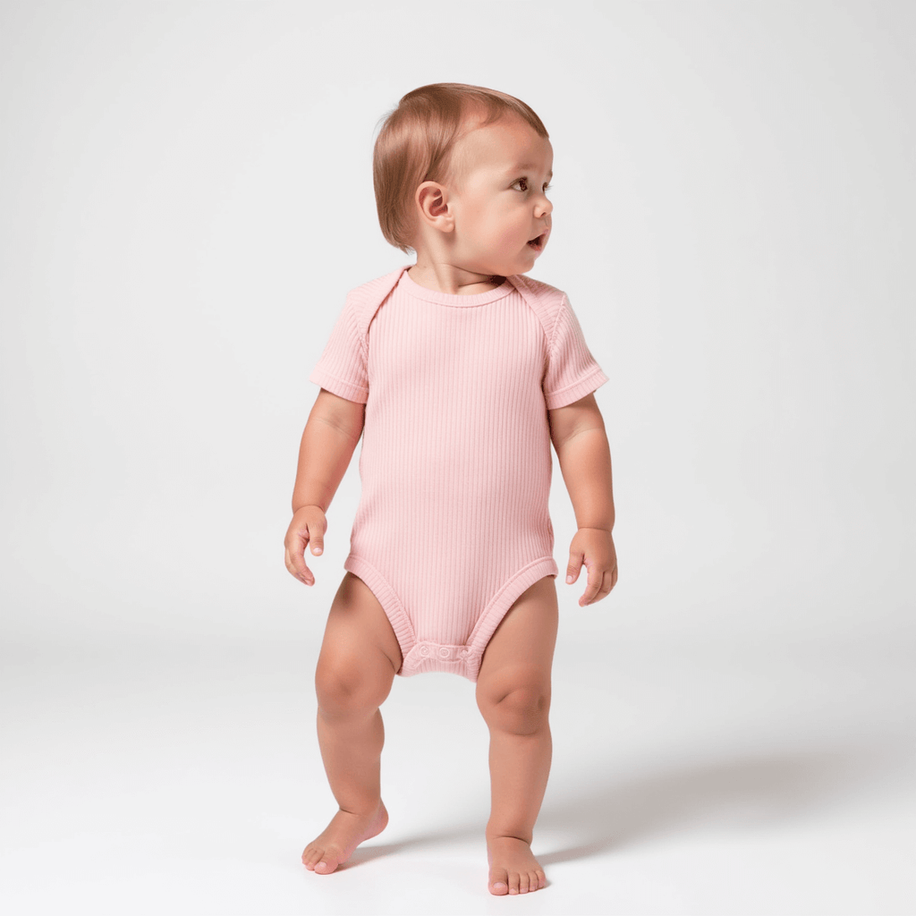 baby wearing pink bodysuit