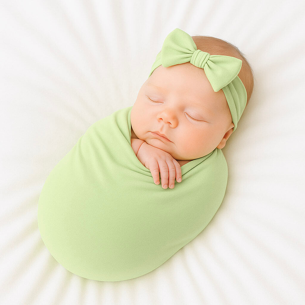 Baby girl wearing green swaddle set