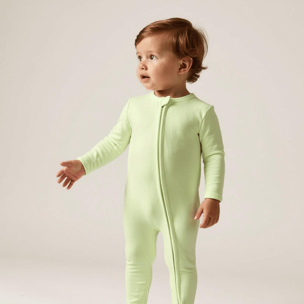 baby standing wearing green footie pajamas 