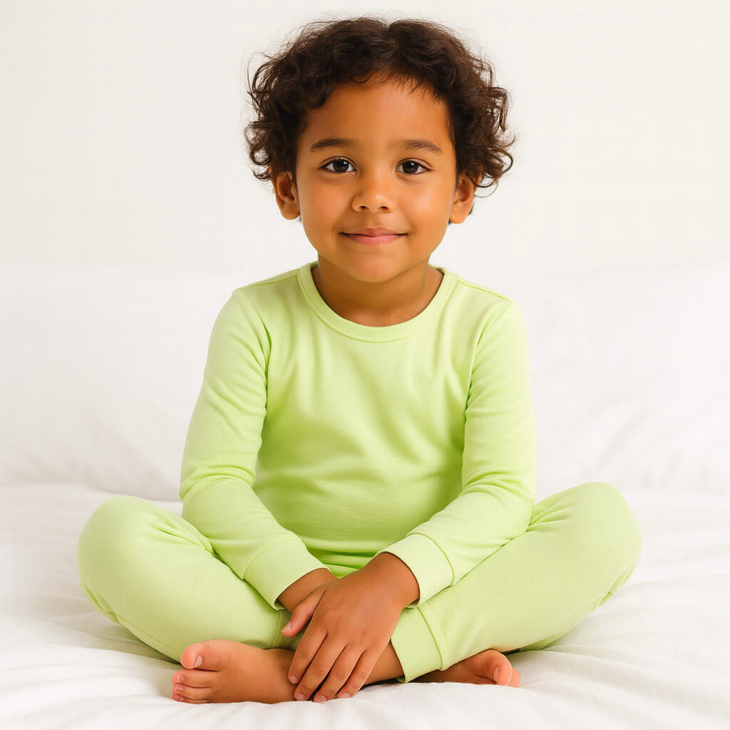 Child wearing a light green long-sleeve shirt and pants on a white background