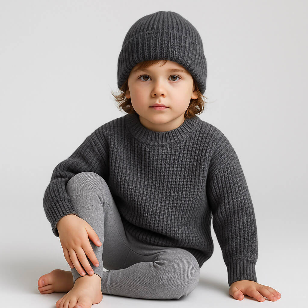 Child wearing a gray knit sweater and beanie sitting on a light gray background