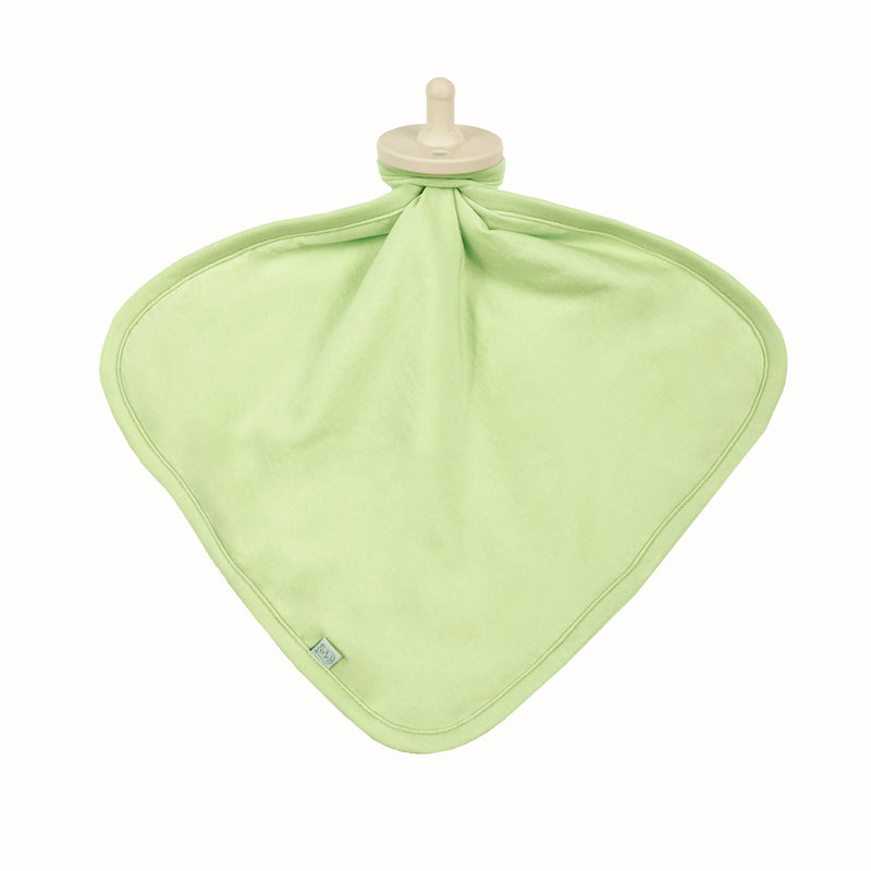 A green lovey with a soft, solid pattern, designed for infants. It has a loop on top for attachment.