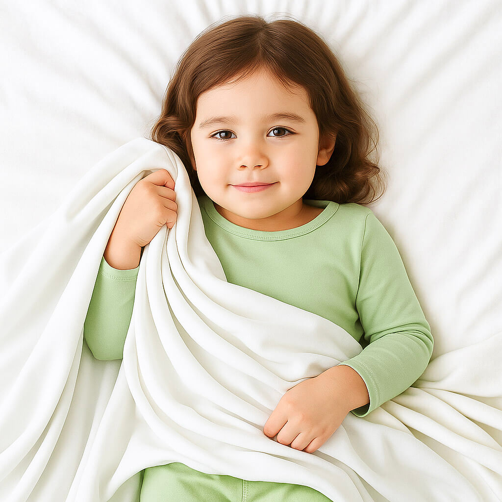 Child in green pajamas holding a white organic kids blanket on a white bed
