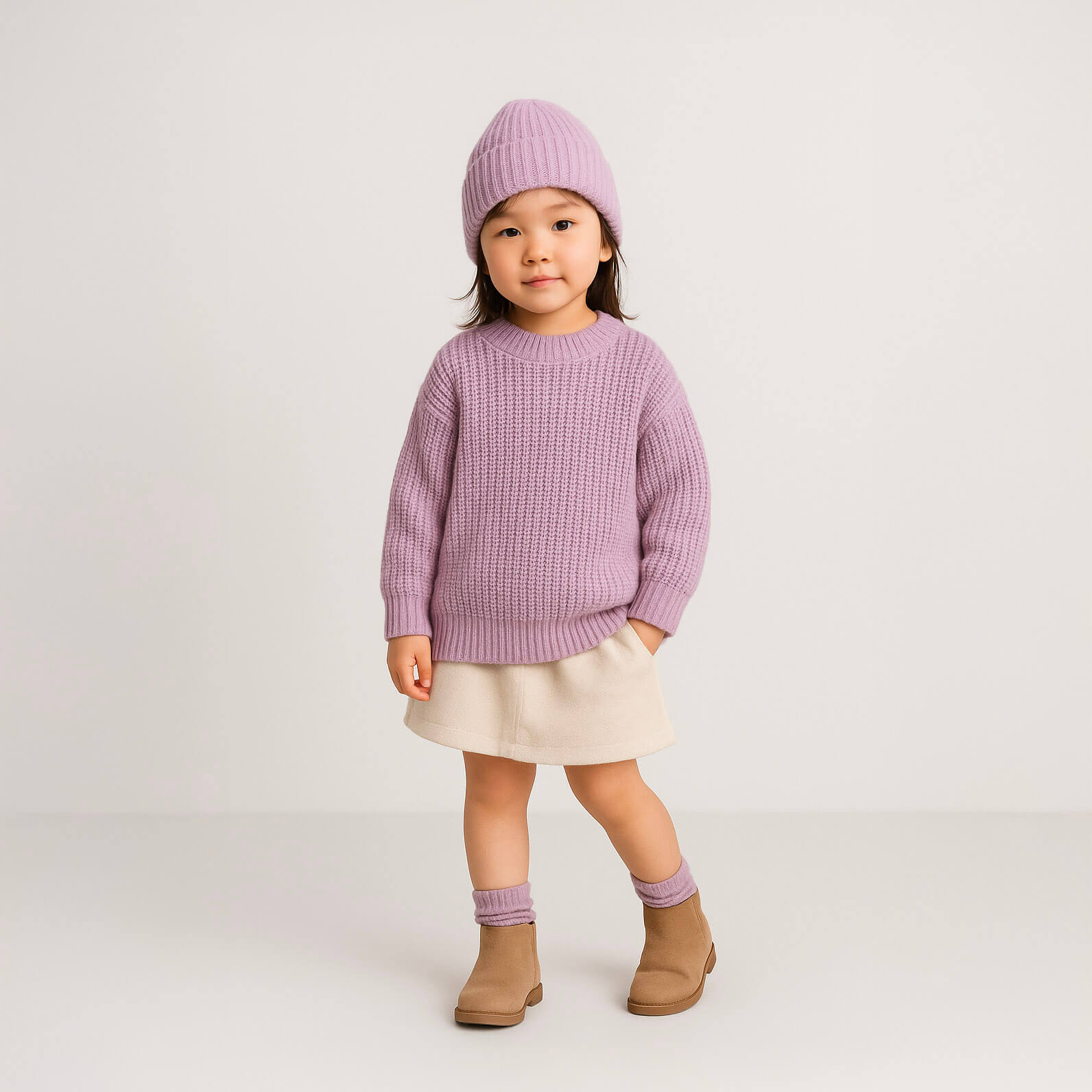 Child wearing a purple sweater, skirt, and hat on a white background