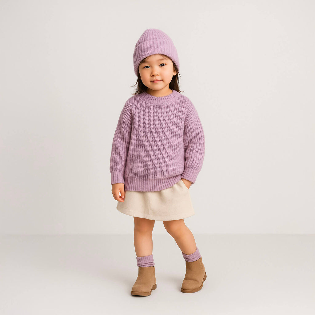 Child wearing a purple sweater, skirt, and hat on a white background