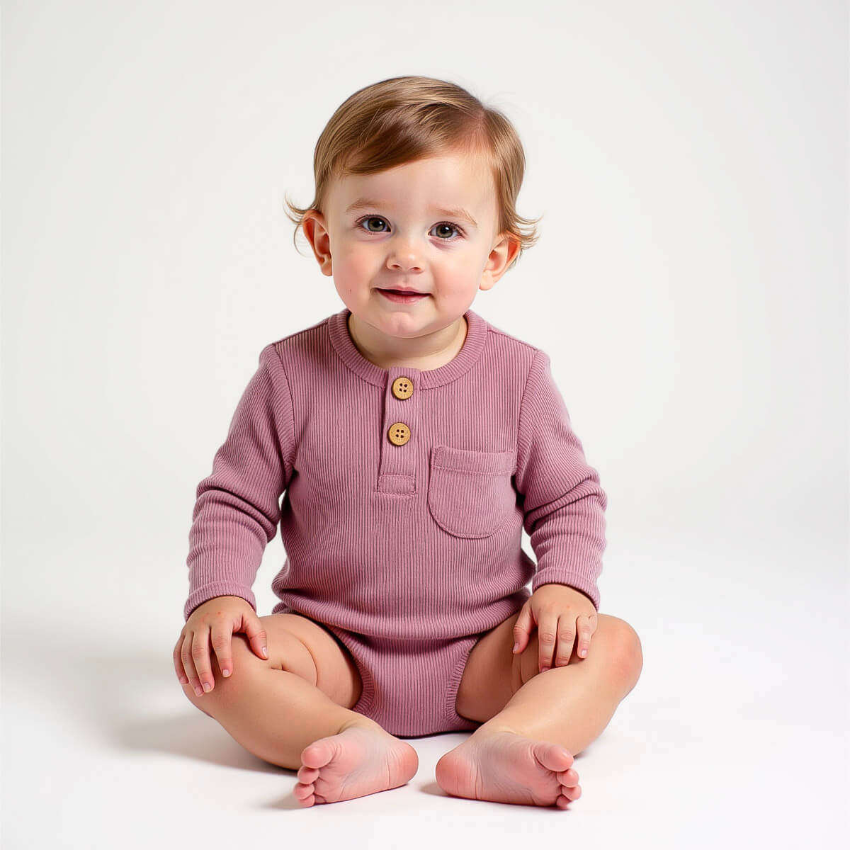 baby wearing purple ribbed long sleeve bodysuit