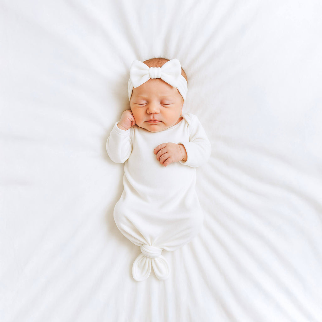 Newborn baby girl wrapped in white gown with a headband, lying on a white blanket.