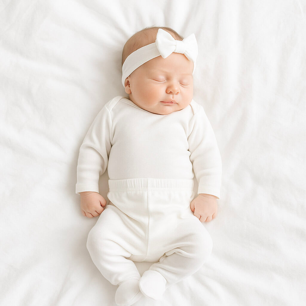 newborn baby wearing white coming home outfit. 