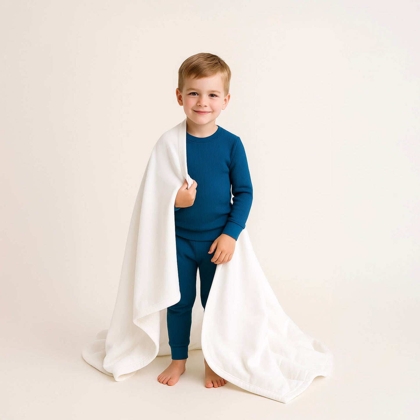 Child wearing a blue outfit with a white cape on a plain background