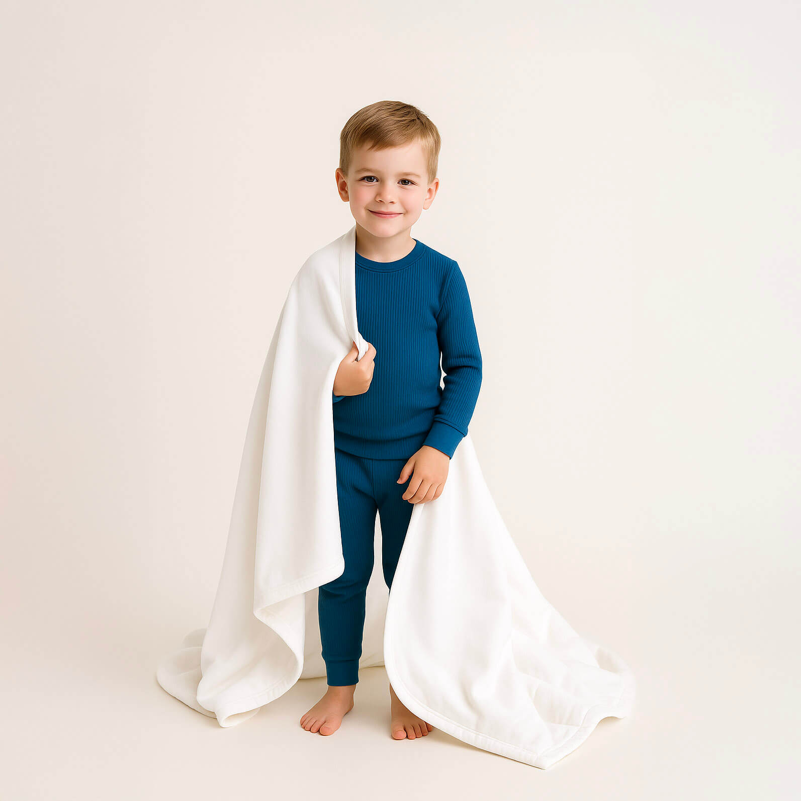 Child wearing a blue outfit with a white cape on a plain background
