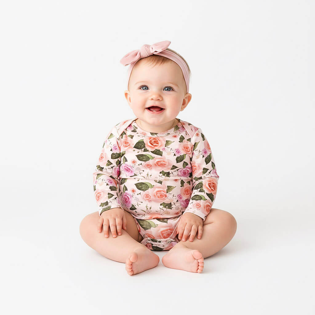 Baby wearing a floral onesie and headband on a white background