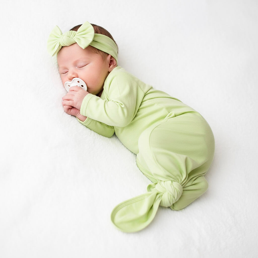 baby girl wearing greentencel gown and matching headband