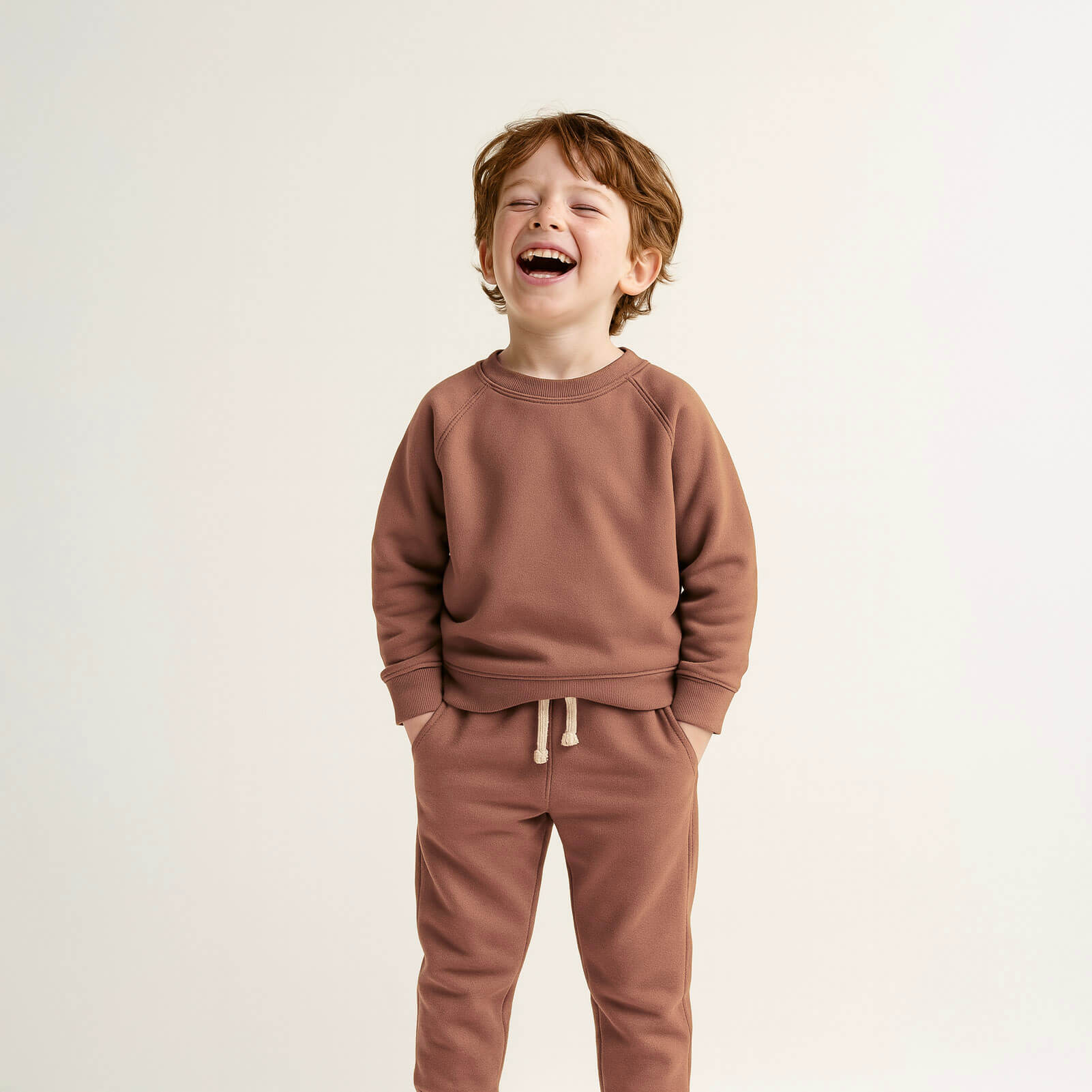 Child wearing a brown sweatshirt and pants on a light background