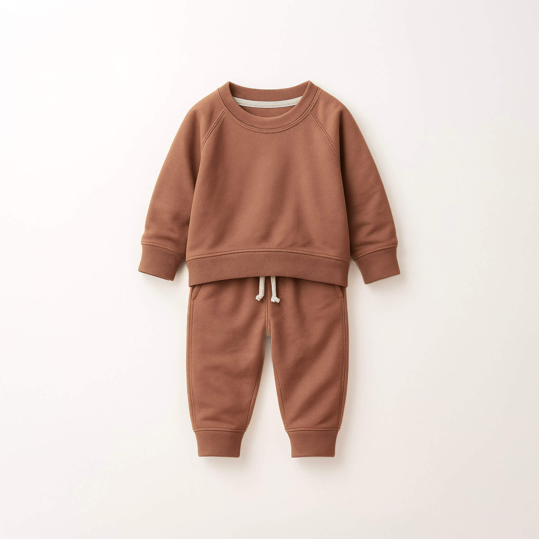 Brown children's sweatshirt and pants set on a light beige background