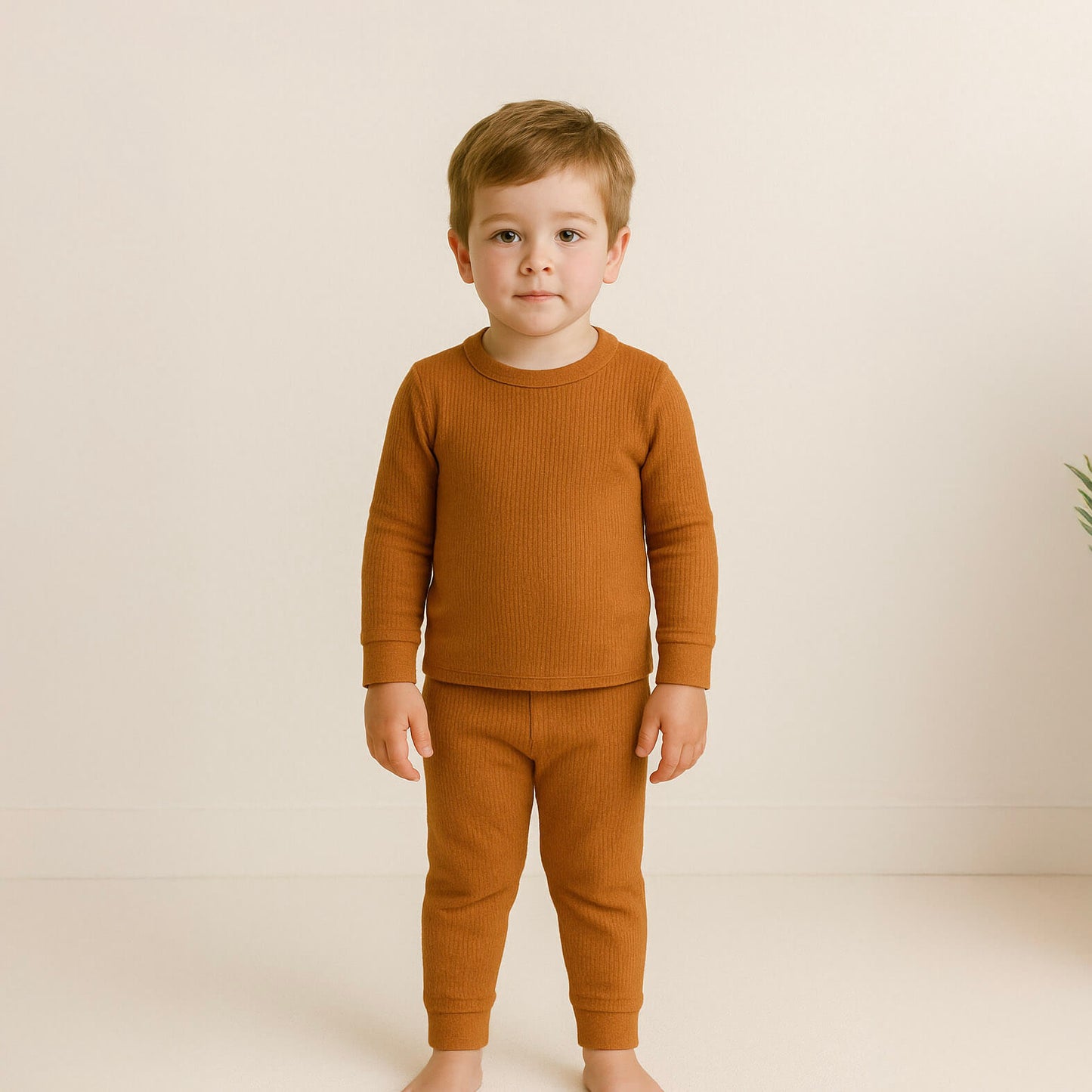 Young child wearing a brown ribbed pajama set against a beige background
