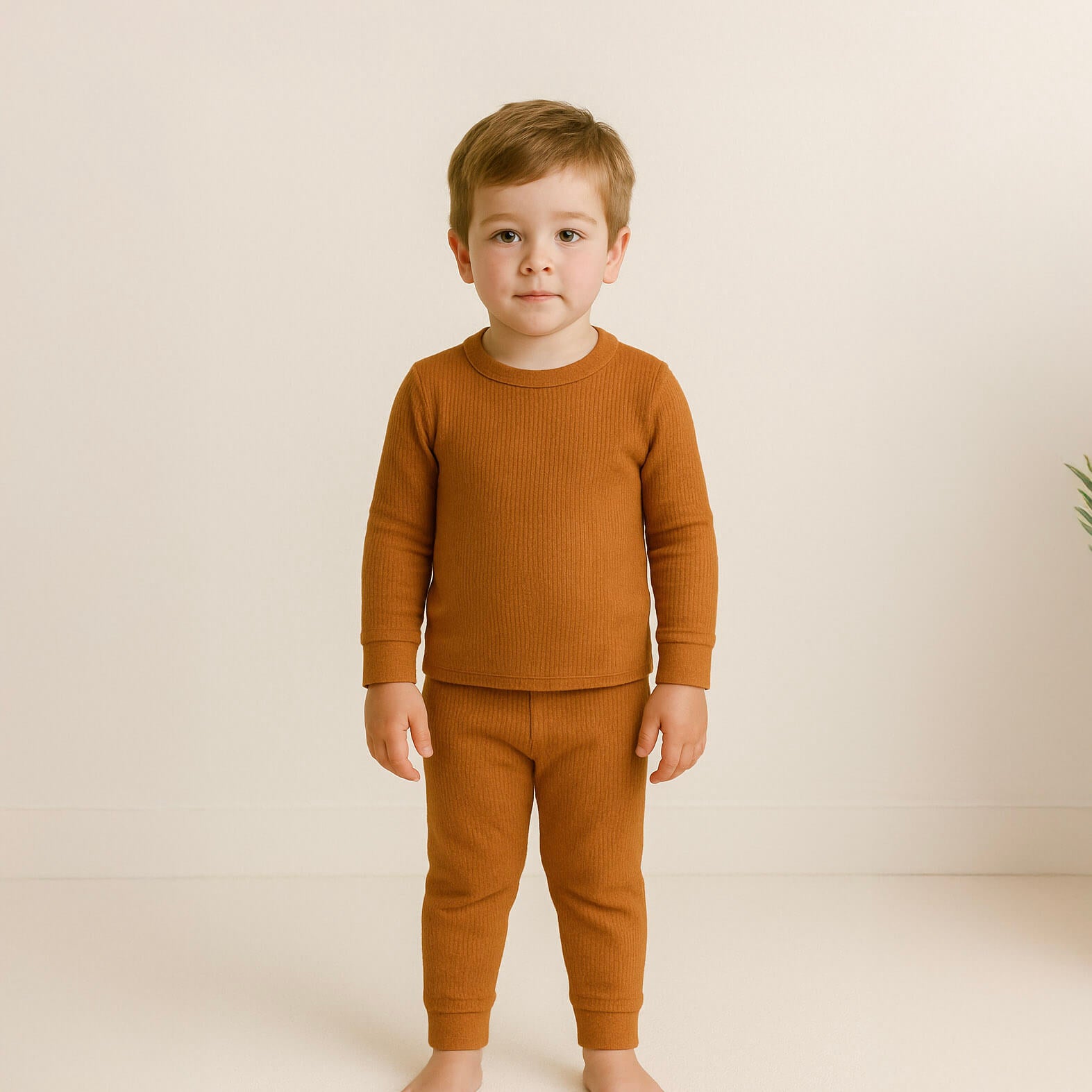 Young child wearing a brown ribbed pajama set against a beige background