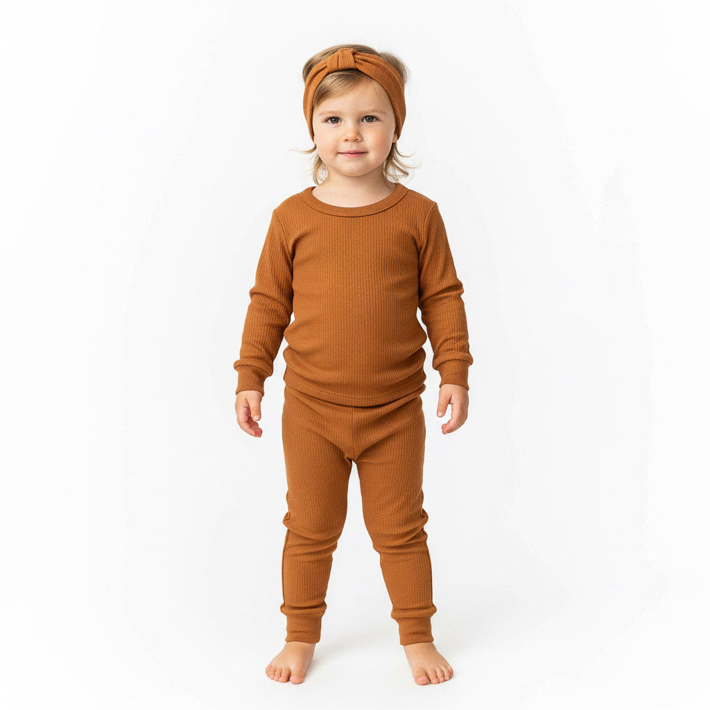 Child wearing a brown outfit on a white background