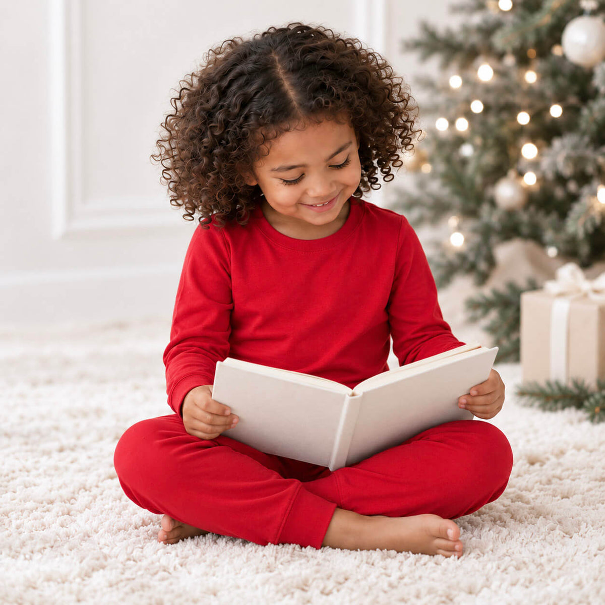 A young child with curly dark hair sits cross-legged on a white shag rug, reading a white book. The child is wearing a bright red long-sleeve pajama set.